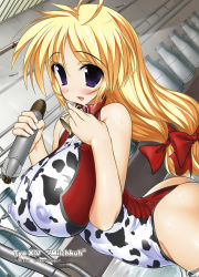 Rule 34 | 1girl, :d, ahoge, animal print, arched back, ass, bare shoulders, bell, blonde hair, blush, breasts, casual one-piece swimsuit, character name, collar, covered erect nipples, cow print, cowbell, cowboy shot, dutch angle, female focus, from side, holding, huge breasts, impossible clothes, impossible swimsuit, indoors, industrial pipe, large breasts, long hair, looking at viewer, low-tied long hair, low twintails, mc axis, milk churn, neck bell, one-piece swimsuit, one-piece thong, open mouth, parted bangs, personification, print swimsuit, purple eyes, raidon, red one-piece swimsuit, smile, solo, submarine, swimsuit, thong, torpedo, twintails, type xiv (submarine), very long hair, wading, water, watercraft
