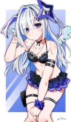 Rule 34 | 1girl, absurdres, amane kanata, amane kanata (work), angel wings, armband, bikini, blue hair, bracelet, collarbone, colored inner hair, frills, hair ornament, hairclip, highres, hololive, jewelry, k einosuke, long hair, midriff, miniskirt, multicolored hair, necklace, pouch, purple eyes, ring, silver hair, skirt, smile, solo, swimsuit, thigh pouch, thigh strap, two-tone hair, two side up, virtual youtuber, wings