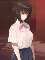 Rule 34 | 1girl, a1 (initial-g), black hair, blue skirt, breasts, brown eyes, closed mouth, commentary request, girls und panzer, kawashima momo, medium breasts, monocle, pink neckwear, pink ribbon, pleated skirt, ribbon, shirt, short hair, short sleeves, skirt, solo, white shirt