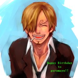 Rule 34 | 1boy, asuma (sorawomai), asymmetrical bangs, beard, black necktie, blonde hair, blue background, brown jacket, cigarette, closed eyes, collar, collarbone, collared shirt, eyebrows, facial hair, happy, happy birthday, jacket, male focus, necktie, one piece, open mouth, sanji (one piece), shirt, simple background, smile, solo, straight hair, teeth, two-tone background, upper body, white background, white shirt