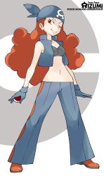 Rule 34 | 00s, 1girl, bandana, blue gloves, blue legwear, character name, copyright name, creatures (company), cropped jacket, curly hair, game freak, gloves, highres, holding, holding poke ball, jacket, light smile, long hair, looking at viewer, midriff, navel, nintendo, official style, one eye closed, pants, poke ball, poke ball (basic), pokemon, pokemon rse, red eyes, red hair, shelly (pokemon), shigino sohuzi, simple background, sleeveless, solo, standing, strapless, team aqua, tube top, two-tone background, wink