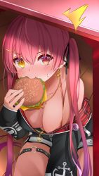 Rule 34 | absurdres, bikini, blush, breasts, burger, cleavage, commentary, earrings, eating, food, hair ribbon, heart, heart earrings, heart necklace, heterochromia, highres, hololive, houshou marine, houshou marine (summer), jacket, jewelry, lassu558, looking at viewer, necklace, o-ring, o-ring thigh strap, open clothes, open jacket, red eyes, red hair, ribbon, solo, swimsuit, thigh strap, twintails, under table, virtual youtuber, yellow eyes