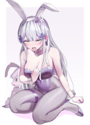 1girl alternate_costume animal_ears bare_shoulders black_footwear blush breasts cleavage collarbone commentary_request facial_mark fake_animal_ears fake_tail fishnet_pantyhose fishnets girls&#039;_frontline green_eyes hair_ornament hat highres hk416_(girls&#039;_frontline) hyury leotard long_hair looking_at_viewer medium_breasts open_mouth pantyhose playboy_bunny rabbit_ears rabbit_tail shoes silver_hair sitting solo tail