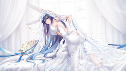 Rule 34 | 1girl, :3, absurdres, animal ears, ass, azur lane, backless dress, backless outfit, bare back, bare shoulders, blue eyes, blue hair, blue ribbon, blush, bouquet, breasts, bridal veil, butt crack, chinese commentary, cleavage, closed mouth, commentary request, curtains, dress, dutch angle, elbow gloves, eyebrows hidden by hair, fake animal ears, flower, gloves, hair between eyes, hand on own hip, hand on own thigh, highres, indoors, kneeling, large breasts, long hair, looking at viewer, new jersey (azur lane), new jersey (snow-white ceremony) (azur lane), official alternate costume, on bed, rabbit ears, ribbon, rose, see-through, sideboob, sidelocks, signature, smile, solo, stardust (chen&#039;ai weiding), strapless, strapless dress, veil, very long hair, wedding dress, white dress, white flower, white gloves, white legwear, white rose, window
