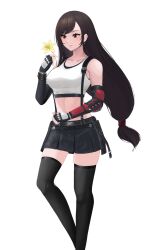 Rule 34 | 1girl, absurdres, belt, black belt, black hair, black skirt, black thighhighs, bracer, breasts, ccg rice, closed mouth, crop top, earrings, final fantasy, final fantasy vii, final fantasy vii remake, fingerless gloves, flower, gloves, highres, holding, holding flower, jewelry, large breasts, long hair, looking at object, low-tied long hair, midriff, miniskirt, red eyes, simple background, skindentation, skirt, smile, solo, standing, stomach, suspender skirt, suspenders, tank top, thighhighs, thighs, tifa lockhart, white background, white tank top, zettai ryouiki