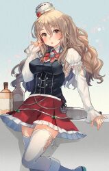 Rule 34 | 1girl, blush, bottle, bow, bowtie, brown eyes, brown hair, corset, hair between eyes, hat, highres, kantai collection, kasumi (skchkko), long hair, long sleeves, mini hat, open mouth, pleated skirt, pola (kancolle), red bow, red bowtie, red skirt, revision, shirt, skirt, solo, thighhighs, wavy hair, white hat, white shirt, white thighhighs, wine bottle