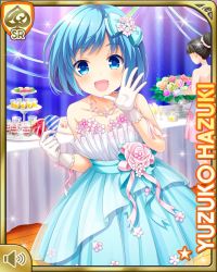 Rule 34 | 1girl, blue eyes, blue hair, bow, card (medium), character name, dress, evening gown, girlfriend (kari), green bow, hair bow, hazuki yuzuko, indoors, night, official art, open mouth, qp:flapper, shoes, short hair, smile, socks, solo, standing, tagme, white dress