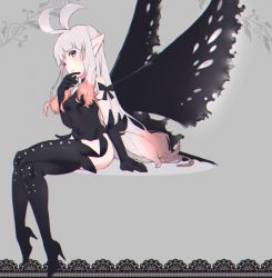 Rule 34 | 1girl, ahoge, anne (bravely second), antenna hair, bad id, bad pixiv id, black footwear, black thighhighs, blue eyes, boots, bravely default: flying fairy, bravely default (series), bravely second: end layer, butterfly wings, chromatic aberration, crossed legs, elbow gloves, fairy, gloves, high heel boots, high heels, insect wings, leotard, long hair, pointy ears, silver hair, sitting, smile, solo, thigh boots, thighhighs, very long hair, wings