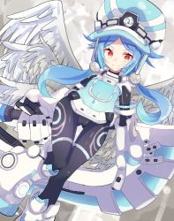 Rule 34 | 1girl, blue hair, bodysuit, breasts, covered navel, feathers, flat chest, gauntlets, hair ornament, hat, highres, long hair, looking at viewer, neptune (series), next white, orange eyes, shimeji wyvern, shin jigen game neptune vii, sidelocks, smile, solo, symbol-shaped pupils, white heart (neptune)