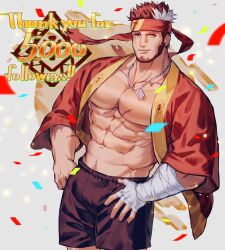 Rule 34 | 1boy, abs, bandaged hand, bandages, bara, bare pectorals, beard, black shorts, brown eyes, closed mouth, commission, confetti, english text, facial hair, grey eyes, headband, heterochromia, highres, indie virtual youtuber, jewelry, large pectorals, male focus, milestone celebration, multicolored hair, muscular, muscular male, navel, necklace, open clothes, pectorals, red hair, red headband, ryuugen drake, scar, scar across eye, scar on chest, scar on face, second-party source, short hair, shorts, skeb commission, smile, solo, thank you, two-tone hair, uori, virtual youtuber, white hair