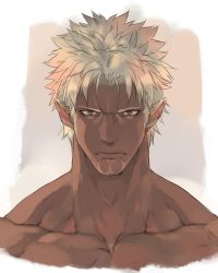 Rule 34 | bara, beard, broad shoulders, brown eyes, close-up, dark skin, facial hair, looking at viewer, male focus, manly, mature male, muscular, muscular male, nikism, original, pointy ears, sideburns, solo, stubble, white hair