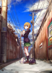 Rule 34 | 1girl, alley, animal, bag, blonde hair, blue eyes, blue sky, brown footwear, cat, cloud, day, donarudo, from side, full body, grocery bag, highres, holding, holding animal, holding cat, hood, hoodie, kon futaba, long sleeves, looking at viewer, miniskirt, outdoors, pleated skirt, power lines, road, road sign, school bag, shopping bag, short hair, sign, skirt, sky, solo, soredemo machi wa mawatteiru, standing, street, utility pole