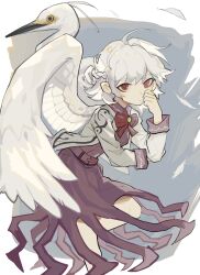 Rule 34 | 1girl, ahoge, belt, bird, bow, bowtie, closed mouth, crane (animal), dress, foot out of frame, hand up, highres, jacket, kishin sagume, long sleeves, looking at viewer, medium hair, open clothes, open jacket, purple dress, red bow, red bowtie, red eyes, shiye hong, single wing, solo, split mouth, touhou, white hair, white jacket, white wings, wings