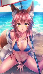 Rule 34 | 10s, 1girl, :3, animal ears, bad id, bad pixiv id, bikini, blue bikini, breasts, cleavage, collarbone, fate/extra, fate/grand order, fate (series), fox ears, fox tail, jewelry, kamuinii, large breasts, looking at viewer, navel, necklace, ocean, pink hair, sitting, solo, swimsuit, tail, tamamo (fate), tamamo no mae (fate/extra), tamamo no mae (swimsuit lancer) (fate), wariza, yellow eyes