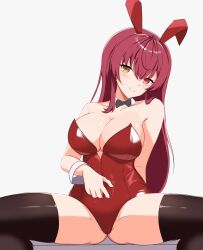 Rule 34 | 1girl, alternate costume, animal ears, black pantyhose, breasts, cleavage, fake animal ears, heterochromia, highres, hololive, houshou marine, large breasts, leotard, light smile, long hair, looking at viewer, pantyhose, playboy bunny, rabbit ears, red eyes, red hair, red leotard, sitting, solo, spread legs, strapless, strapless leotard, thighs, virtual youtuber, white background, wrist cuffs, yellow eyes, zeropen