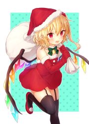 Rule 34 | 1girl, alternate costume, aqua background, bad id, bad pixiv id, bare shoulders, bell, black thighhighs, blonde hair, border, bow, bowtie, commentary request, crystal, dress, elbow gloves, fang, feet out of frame, flandre scarlet, fur collar, fur trim, garter straps, gloves, green bow, green bowtie, hair between eyes, hat, highres, holding, holding sack, honotai, leg lift, long hair, looking at viewer, open mouth, outside border, pointy ears, polka dot, polka dot background, pom pom (clothes), red dress, red eyes, red footwear, red gloves, red hat, sack, santa costume, santa hat, shoes, short dress, sidelocks, smile, solo, standing, standing on one leg, strapless, strapless dress, thighhighs, thighs, touhou, two-tone background, white background, white border, wings