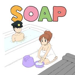 Rule 34 | 1boy, 1girl, bad id, bad pixiv id, bathing, bathtub, black hair, breasts, brown eyes, brown hair, bucket, bucket of water, city (arawi keiichi), cleavage, commentary request, expressionless, hat, honkan (city), in water, logo parody, mixed-sex bathing, mizushima (p201112), nagumo midori, naked towel, police hat, ponytail, seiza, shared bathing, sitting, towel, white background