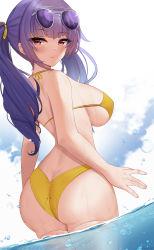Rule 34 | 1girl, ass, azur lane, bikini, blush, breasts, butt crack, cloud, cowboy shot, day, eyewear on head, female focus, from behind, halterneck, halterneck, highres, large breasts, long hair, looking at viewer, looking back, nassss, nature, outdoors, partially submerged, pola (azur lane), purple hair, skindentation, sky, smile, solo, standing, sunglasses, swimsuit, thighhighs, twintails, water, yellow bikini
