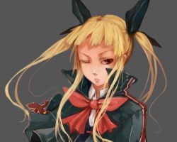 Rule 34 | 1girl, arc system works, bad id, bad pixiv id, blazblue, blonde hair, bow, gothic lolita, hair ribbon, lolita fashion, long hair, one eye closed, rachel alucard, red bow, red eyes, ribbon, simple background, solo, ta2loves (pixiv), twintails, vampire, wink, wl-69