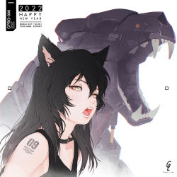 Rule 34 | 1girl, arm tattoo, black hair, black shirt, collared shirt, fangs, hair over shoulder, highres, long hair, looking at viewer, non-humanoid robot, numbered, open mouth, original, park junkyu, robot, robot animal, shirt, simple background, solo, tank top, tattoo, white background, yellow eyes