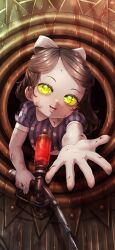 1girl animification bioshock_(series) black_hair blood blood_on_clothes blood_on_face blood_on_hands born-to-die collared_shirt colored_skin female_focus glowing glowing_eyes green_eyes grey_skin hair_ribbon highres holding holding_weapon little_sister_(bioshock) looking_at_viewer medium_hair open_mouth reaching reaching_towards_viewer ribbon shirt short_sleeves smile solo striped_clothes striped_shirt syringe syringe_gun tongue torn_clothes torn_shirt vertical-striped_clothes vertical-striped_shirt weapon white_ribbon