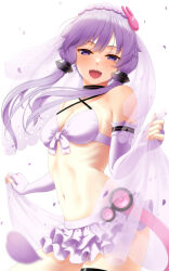 Rule 34 | 1girl, adapted costume, arched back, bare shoulders, bikini, bikini skirt, black choker, blush, breasts, bridal veil, choker, commentary request, cowboy shot, criss-cross halter, fingerless gloves, frilled skirt, frills, gloves, halterneck, indica, looking at viewer, low twintails, medium breasts, narrow waist, navel, open mouth, purple bikini, purple eyes, purple gloves, purple hair, purple skirt, purple veil, ribs, see-through veil, shawl, skirt, smile, solo, stomach, swimsuit, twintails, veil, voiceroid, w arms, wide hips, yuzuki yukari