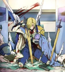 Rule 34 | 1boy, almiria bauduin, armor, blonde hair, blood, blood from mouth, blood on face, blood on wall, blood on clothes, bodysuit, book, cape, character doll, closed mouth, gun, gundam, gundam bael, gundam tekketsu no orphans, helmet, holding, knee pads, knife, kono sanorou, looking down, male focus, mcgillis fareed, spoilers, weapon