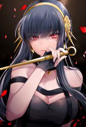 Rule 34 | 1girl, absurdres, bare shoulders, black gloves, black hair, breasts, cleavage, closed mouth, dagger, earrings, gloves, hairband, hand up, highres, holding, holding dagger, holding knife, holding weapon, jewelry, knife, large breasts, looking at viewer, red eyes, short hair, short hair with long locks, smile, solo, spy x family, upper body, weapon, yellow hairband, yor briar, yumari nakura