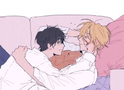 2boys a_co_pi ash_lynx banana_fish black_eyes black_hair blonde_hair blue_eyes closed_mouth collared_shirt couch cuddling dog long_sleeves lying lying_on_person male_focus multiple_boys okumura_eiji on_back on_couch pillow shirt short_hair simple_background smile white_background white_shirt yaoi