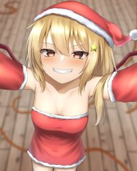 Rule 34 | 1girl, alternate costume, arms up, bare shoulders, blurry, blurry background, blush, breasts, collarbone, cowboy shot, depth of field, detached sleeves, fangs, flandre scarlet, floor, from above, fur-trimmed sleeves, fur trim, grin, hair ornament, hat, highres, looking at viewer, medium breasts, santa hat, selfie, smile, solo, star (symbol), star hair ornament, szl, touhou, wings