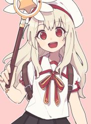 Rule 34 | 1girl, bad id, bad twitter id, beret, black skirt, fate/kaleid liner prisma illya, fate (series), gomi (kaiwaresan44), hat, holding, holding wand, homurahara academy school uniform, illyasviel von einzbern, long hair, looking at viewer, magical ruby, neck ribbon, open mouth, pink background, pleated skirt, puffy short sleeves, puffy sleeves, red eyes, red ribbon, ribbon, school uniform, shirt, short sleeves, skirt, smile, solo, wand, white hair, white hat, white shirt