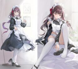 Rule 34 | 1girl, alternate costume, apron, between legs, black dress, black footwear, brown hair, clothes lift, commentary request, dress, dress lift, enmaided, feet, unworn footwear, full body, girls&#039; frontline, goti (gotie23), hair ribbon, hand between legs, high heels, indoors, knee up, legs, lifting own clothes, loafers, long hair, long sleeves, looking at viewer, maid, maid apron, maid headdress, mary janes, multiple views, panties, red eyes, red ribbon, ribbon, shoes, unworn shoes, single shoe, standing, thighhighs, toes, underwear, wa2000 (girls&#039; frontline), white apron, white panties, white thighhighs