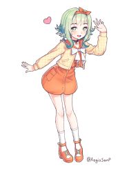 Rule 34 | 1girl, :d, a.i. voice, aegissanp, blush, choker, commentary, flipped hair, frilled shirt collar, frills, green eyes, green hair, gumi, gumi (a.i. voice), hairband, hand up, heart, highres, jacket, long sleeves, looking at viewer, open mouth, short hair with long locks, skirt, skirt set, smile, socks, solo, strappy heels, vocaloid, white socks
