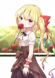 Rule 34 | 1girl, absurdres, alternate costume, arm at side, arm up, black ribbon, blonde hair, blouse, bow, breasts, brown skirt, cloud, covering own mouth, cowboy shot, crystal, flandre scarlet, flower, from side, hair between eyes, hair bow, head tilt, highres, iyo (ya na kanji), layered skirt, light rays, neck ribbon, no headwear, pointy ears, puffy short sleeves, puffy sleeves, red eyes, red flower, red rose, ribbon, rose, shirt, short hair, short hair with long locks, short sleeves, side ponytail, skirt, sky, small breasts, solo, standing, sunbeam, sunlight, touhou, white shirt, wings, wrist cuffs, yellow sky