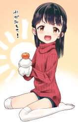 Rule 34 | 1girl, black hair, blush, brown eyes, flat chest, food, fruit, full body, gengorou, gloves, kagami mochi, long hair, looking at viewer, mandarin orange, mittens, new year, no shoes, open mouth, original, red sweater, short shorts, shorts, sitting, smile, solo, sun, sweater, thighhighs, turtleneck, turtleneck sweater, two-tone background, wariza, white gloves, white thighhighs