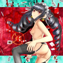 Rule 34 | 10s, 1girl, ass, black hair, breasts, card, celestia ludenberg, censored, danganronpa: trigger happy havoc, danganronpa (series), drill hair, garter belt, garter straps, highres, holding, long hair, nike (0306), nipples, no panties, pussy, red eyes, small breasts, solo, thighhighs, topless, twin drills, twintails, uncensored