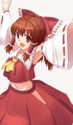 Rule 34 | 1girl, :d, armpits, arms up, bow, brown hair, detached sleeves, female focus, hair bow, hakurei reimu, japanese clothes, midriff, miko, namamo (kura), no panties, open mouth, outstretched arms, red eyes, simple background, smile, solo, touhou