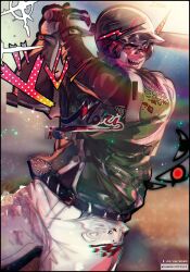 Rule 34 | 1boy, absurdres, bandaid, bandaid on face, baseball, baseball bat, baseball helmet, baseball uniform, black shirt, dated, fate/grand order, fate (series), gloves, helmet, highres, holding, holding baseball bat, looking to the side, maewenmitzuki, male focus, mori nagayoshi (fate), outdoors, pants, red hair, sharp teeth, shirt, signature, solo, sportswear, teeth, white gloves, white pants, yellow eyes