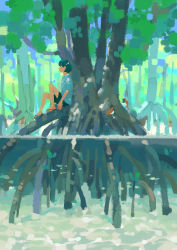 Rule 34 | 1girl, absurdres, bird, black hair, black shorts, blue shirt, commentary request, day, flip-flops, forest, full body, highres, katakai, nature, original, outdoors, profile, sandals, shirt, short hair, short sleeves, shorts, sitting, solo, tree, water