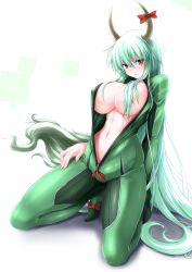 Rule 34 | 1girl, alternate costume, biker clothes, bikesuit, blush, bodysuit, bow, breasts, commentary request, covered erect nipples, ex-keine, g (genesis1556), green bodysuit, green hair, hair between eyes, hair censor, hair over breasts, hair over one breast, highres, horn bow, horn ornament, horns, kamishirasawa keine, large breasts, long hair, looking at viewer, navel, parted lips, red bow, red eyes, seiza, shadow, sidelocks, simple background, sitting, solo, stomach, tail, thighs, touhou, unzipped, very long hair, white background