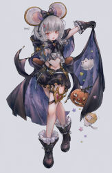 Rule 34 | 1girl, animal ears, black footwear, black gloves, black shorts, boots, bow, bowtie, cloak, crossed legs, fake animal ears, fake horns, flying sweatdrops, full body, gamo tako, gloves, granblue fantasy, grey background, grey hair, grey shirt, hair ornament, hairband, hand on own hip, heart, heart hair ornament, highres, hood, hooded cloak, horns, jack-o&#039;-lantern, looking at viewer, midriff, mouse (animal), mouse ears, navel, open mouth, puffy short sleeves, puffy shorts, puffy sleeves, red eyes, shirt, short hair, short sleeves, shorts, signature, simple background, smile, solo, star (symbol), suspenders, thigh strap, vikala (granblue fantasy), vikala (halloween) (granblue fantasy), watson cross