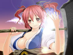 Rule 34 | 1girl, bad id, bad pixiv id, blush, breasts, brown eyes, cleavage, female focus, gradient background, large breasts, nail polish, onozuka komachi, outdoors, red hair, scythe, short hair, sky, smile, solo, touhou, tro (trombe), upper body