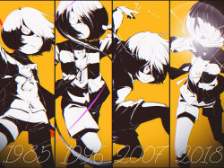 Rule 34 | 4boys, :p, chihiro (shadow199912), child, column lineup, comparison, dated, gegege no kitarou, glint, greyscale with colored background, hair over one eye, hand up, highres, jumping, kitarou, long sleeves, looking at viewer, monochrome, multiple boys, multiple persona, one eye covered, outstretched arm, red eyes, short hair, short hair with long locks, shorts, smile, standing, tongue, tongue out, vest, walking, yellow background