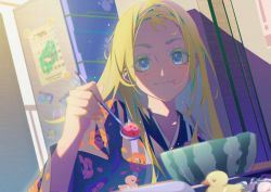 Rule 34 | 1girl, alternate costume, blonde hair, blue eyes, chinese commentary, closed mouth, commentary, day, film grain, floral print, food, fruit, highres, holding, holding spoon, jieyangzia85627, kofune ushio, long hair, looking at viewer, rubber duck, smile, solo, spoon, summertime render, watermelon