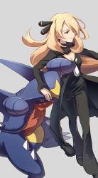 Rule 34 | 1girl, ajc, black coat, black footwear, black pants, black shirt, blonde hair, breasts, cleavage, closed mouth, coat, commentary request, creatures (company), cynthia (pokemon), eyelashes, floating hair, fur-trimmed coat, fur trim, game freak, garchomp, gen 4 pokemon, grey background, hair ornament, hair over one eye, highres, long hair, long sleeves, nintendo, pants, pokemon, pokemon (creature), pokemon dppt, protected link, shirt, shoes, simple background, smile