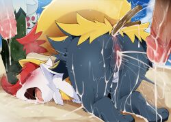 Rule 34 | 1girl, 2boys, after vaginal, aftersex, all fours, anal, anal object insertion, ass, beach, blue sky, blush, body fur, braixen, cloud, creatures (company), cum, cum in pussy, cum on body, dagashi (daga2626), day, furry, furry female, furry male, furry with furry, game freak, gen 6 pokemon, highres, multiple boys, nintendo, object insertion, ocean, open mouth, outdoors, penis, pokemon, sex, sky, sweat, tears, tongue, tongue out, uncensored