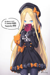 Rule 34 | 1girl, abigail williams (fate), beret, black bow, black dress, black hat, black pantyhose, blonde hair, blue eyes, blush, bow, box, breasts, buttons, dress, fate/grand order, fate (series), forehead, gift, gift box, hair bow, hat, highres, long hair, long sleeves, looking at viewer, multiple bows, orange bow, pantyhose, parted bangs, sailor collar, sidelocks, small breasts, speech bubble, stuffed animal, stuffed toy, teddy bear, thighs, tyone, underbust
