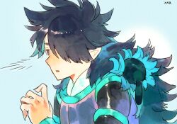 Rule 34 | 1boy, black cat, black hair, blue background, cat, fengxi (the legend of luoxiaohei), hair over one eye, hand up, isasasa001, long hair, long sleeves, luo xiaohei, luo xiaohei zhanji, male focus, pointy ears, signature