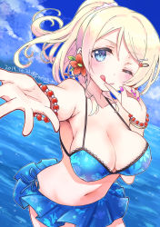 Rule 34 | 1girl, :p, artist request, ayase eli, bare shoulders, blonde hair, blue-sky, blue eyes, blue skirt, blush, bracelet, breasts, cloud, collarbone, day, female focus, flower, hair between eyes, hair flower, hair ornament, hair scrunchie, hairclip, highres, jewelry, long hair, looking at viewer, love live!, love live! school idol festival, love live! school idol project, medium breasts, miyamae porin, nail polish, nails, one eye closed, outdoors, parted lips, ponytail, purple nails, reaching, reaching towards viewer, red flower, scrunchie, skirt, sky, solo, tongue, tongue out, white scrunchie