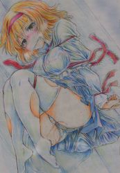 Rule 34 | 1girl, absurdres, alice margatroid, bad id, bad pixiv id, bdsm, blonde hair, blush, bondage, bound, breasts, cleave gag, cloth gag, colored pencil (medium), gag, gagged, green eyes, hairband, highres, improvised gag, large breasts, nichibotsu (kitaziman), pee, peeing, peeing self, pussy juice, ribbon, short hair, solo, tears, thighhighs, torn clothes, torn thighhighs, touhou, traditional media